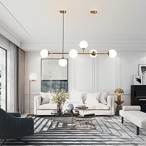 KCO Lighting Modern Brass Chandelier Mid Century Gold Sputnik Pendant Light 6-Light Glass Globe Linear Chandelier Modern Globe Pendant Light Fixture White and Gold Pendant Light 1-Light Kitchen Islan - Image 7