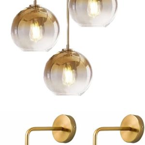KCO Lighting Gold Gradient Pendant Light Glass Globes Hanging Lighting Gold Glass Globe Wall Sconce Set of Two for Living Room Bedroom Dining Room