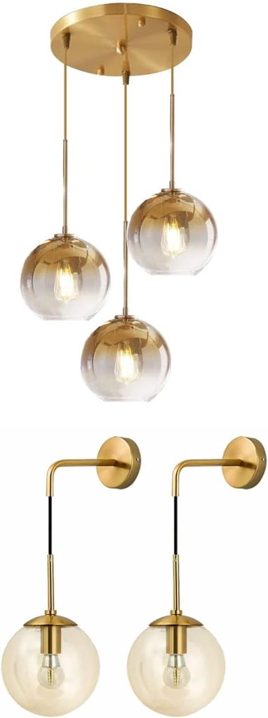 KCO Lighting Gold Gradient Pendant Light Glass Globes Hanging Lighting Gold Glass Globe Wall Sconce Set of Two for Living Room Bedroom Dining Room