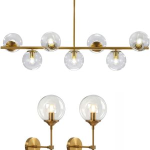 KCO 7-Light Clear Glass Globe Sputnik Chandelier, Modern Pendant & Wall Light Set of Two, 31.5" Max Height