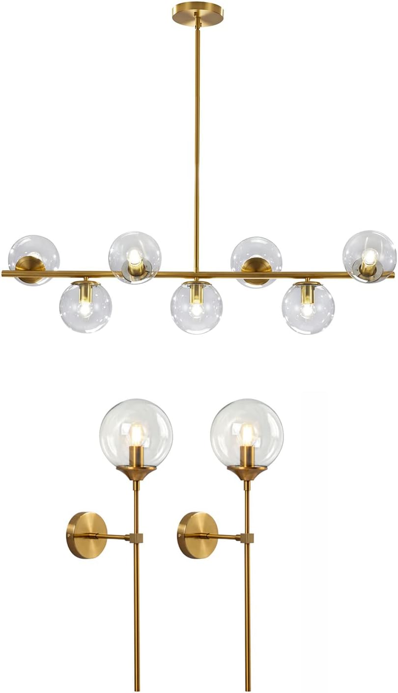 KCO 7-Light Clear Glass Globe Sputnik Chandelier, Modern Pendant & Wall Light Set of Two, 31.5" Max Height