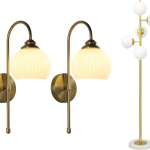 KCO Lighting Brushed Gold Wall Sconce Milk Ribbed Glass Wall Sconce Vintage Bathroom Vanity Light Fixture Mid Century Modern Floor Lamp Gold Globe Floor Lamp