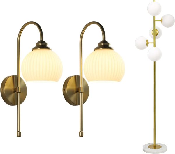 KCO Lighting Brushed Gold Wall Sconce Milk Ribbed Glass Wall Sconce Vintage Bathroom Vanity Light Fixture Mid Century Modern Floor Lamp Gold Globe Floor Lamp