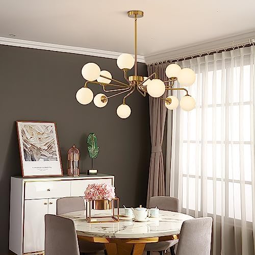 KCO Lighting 12 Light Modern Sputnik Chandelier Glass Globe Pendant Light Fixture Geometric Brushed Brass Chandelier for Kitchen Island Living Room Foyer - Image 5