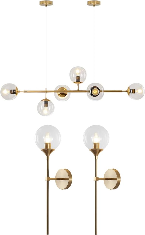 KCO Lighting 6- Light Glass Globe Chandelier Pendant Light Modern Gold Globe Wall Sconce Set of Two