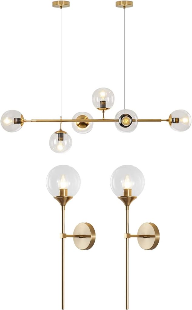 KCO Lighting 6- Light Glass Globe Chandelier Pendant Light Modern Gold Globe Wall Sconce Set of Two