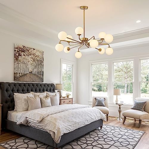 KCO Lighting 12 Light Modern Sputnik Chandelier Glass Globe Pendant Light Fixture Geometric Brushed Brass Chandelier for Kitchen Island Living Room Foyer - Image 6