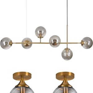 KCO Lighting Smoke Gray Glass Pendant Light Mid Century Modern Globe Chandelier Island Light for Kitchen Gold Flush Mount Ceiling Light Small Antique Brass Ceiling Fixtures Semi Flush Mount Schoolhou