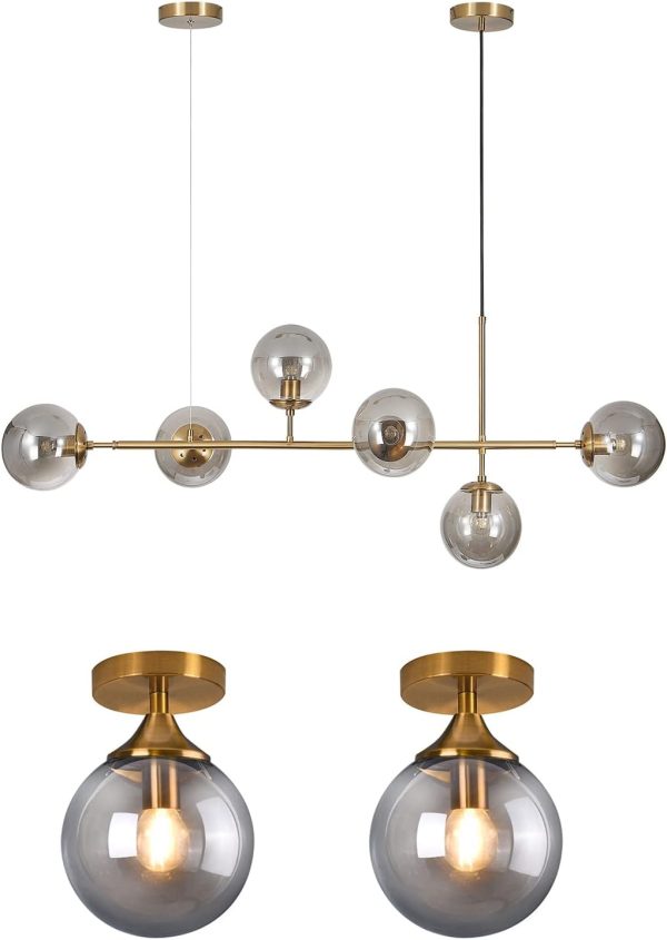 KCO Lighting Smoke Gray Glass Pendant Light Mid Century Modern Globe Chandelier Island Light for Kitchen Gold Flush Mount Ceiling Light Small Antique Brass Ceiling Fixtures Semi Flush Mount Schoolhou