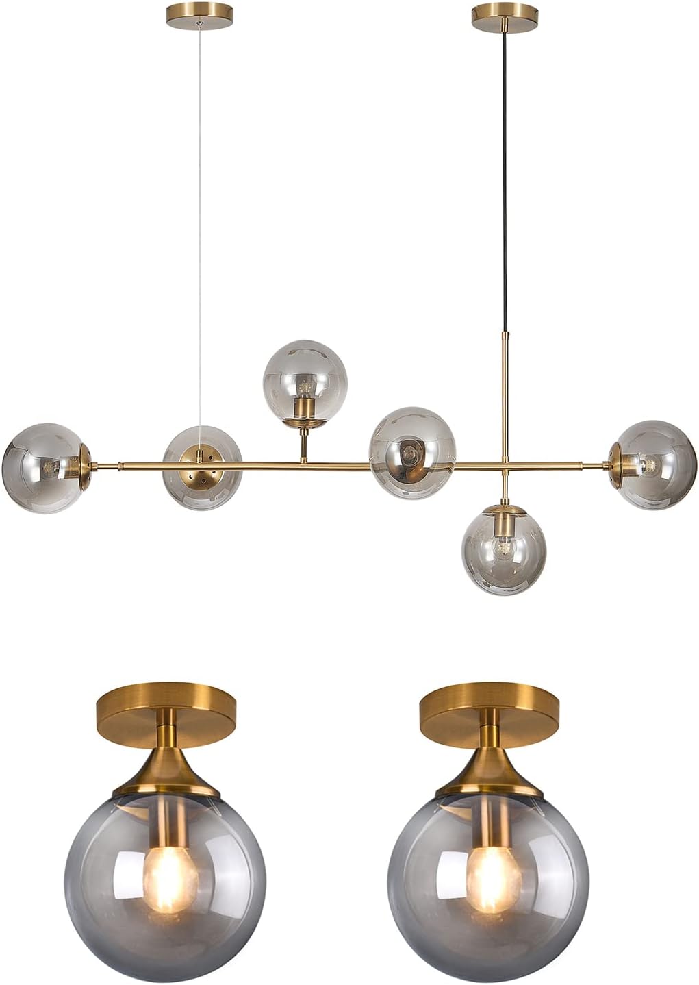 KCO Lighting Smoke Gray Glass Pendant Light Mid Century Modern Globe Chandelier Island Light for Kitchen Gold Flush Mount Ceiling Light Small Antique Brass Ceiling Fixtures Semi Flush Mount Schoolhou