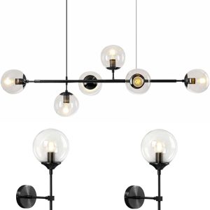 KCO Lighting Clear Glass Globe Wall Sconce Long Pole Wall Light Black Globe Chandelier Pendant Light Mid Century Adjustable Hanging Light Fixture