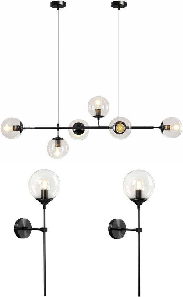 KCO Lighting Clear Glass Globe Wall Sconce Long Pole Wall Light Black Globe Chandelier Pendant Light Mid Century Adjustable Hanging Light Fixture