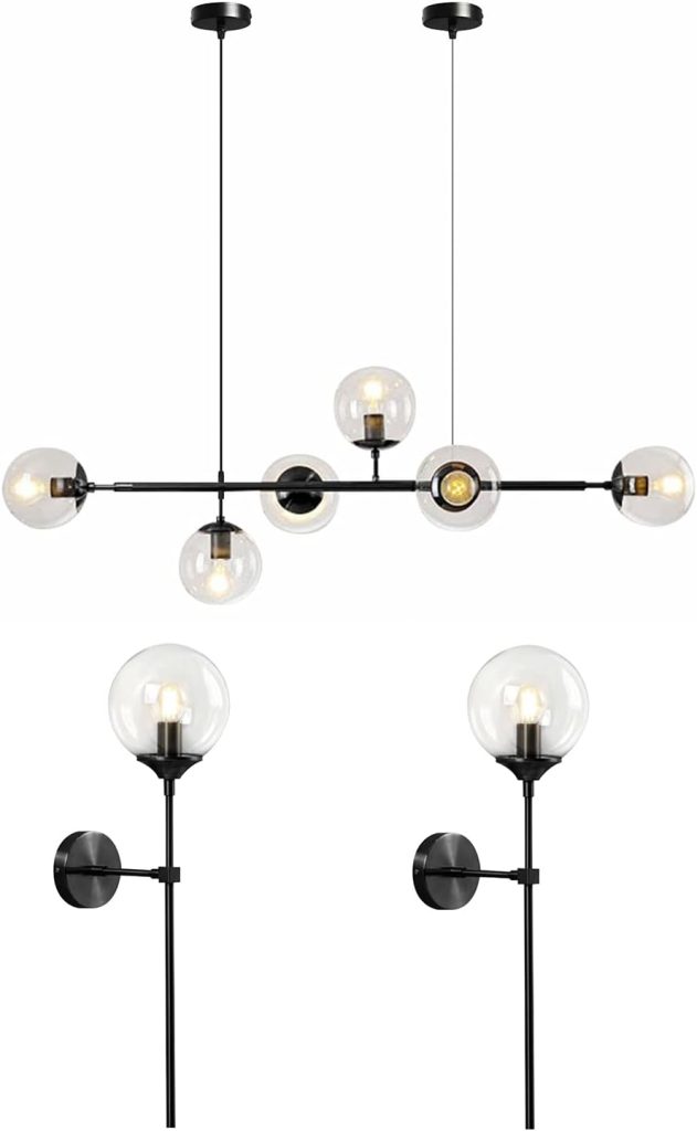 KCO Lighting Clear Glass Globe Wall Sconce Long Pole Wall Light Black Globe Chandelier Pendant Light Mid Century Adjustable Hanging Light Fixture