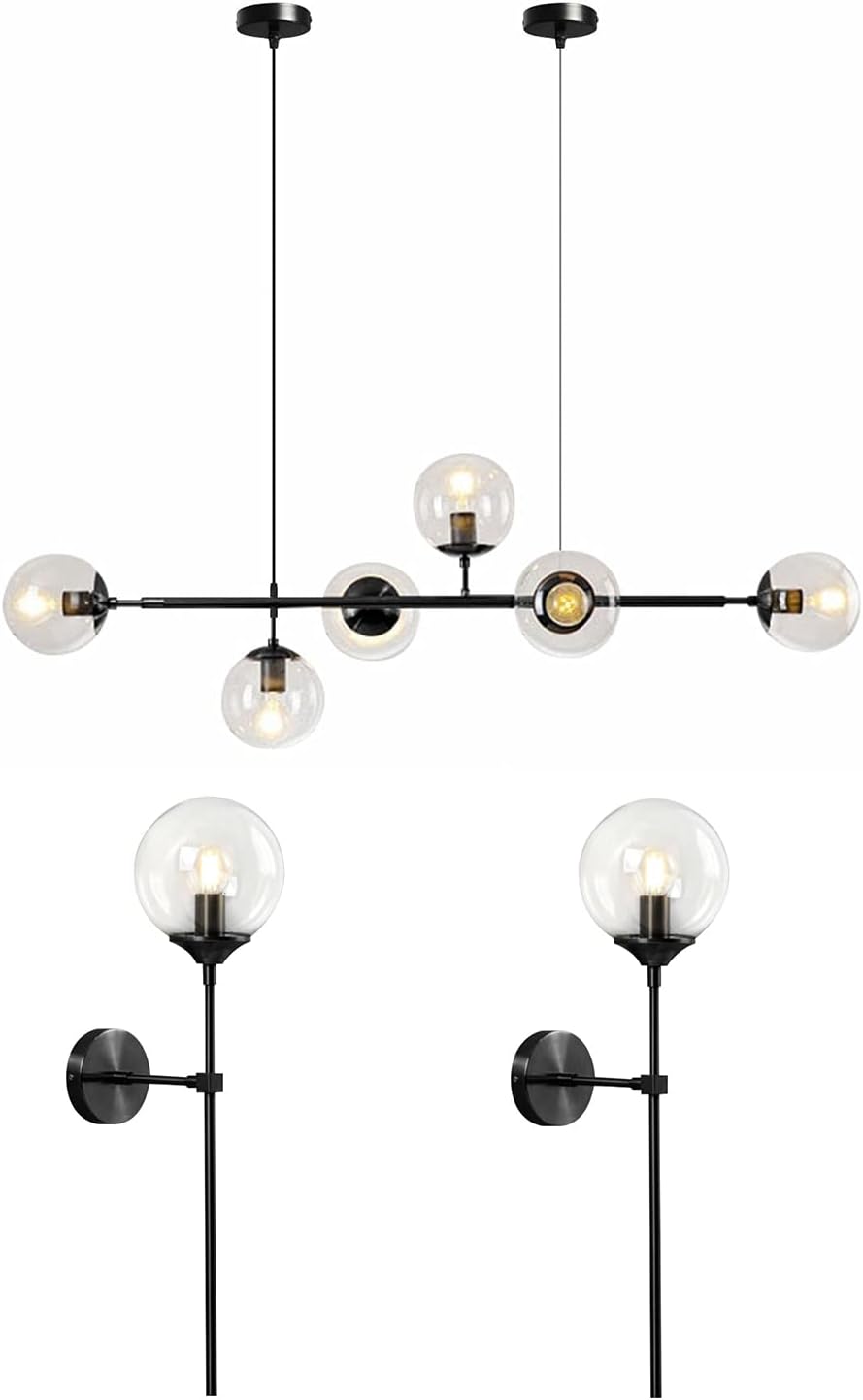 KCO Lighting Clear Glass Globe Wall Sconce Long Pole Wall Light Black Globe Chandelier Pendant Light Mid Century Adjustable Hanging Light Fixture