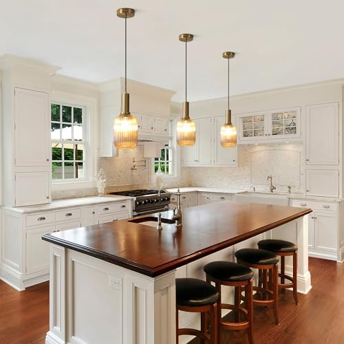 KCO Lighting 1-Light Amber Glass Ceiling Light Fixture Vintage Striped Glass Pendant Light 7-Lights Mid Century Modern Flush Mount Ceiling Light Amber Glass Globe Sputnik Chandelier Ceiling Light - Image 5