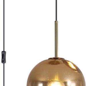 KCO Lighting Mid Century Modern Plug in Pendant Light Gold Glass Globe Pendant Lighting with Adjustable Cord Large Hanging Light Fixture with Plug in Cord for Kitchen Island Dining Room (25cm)
