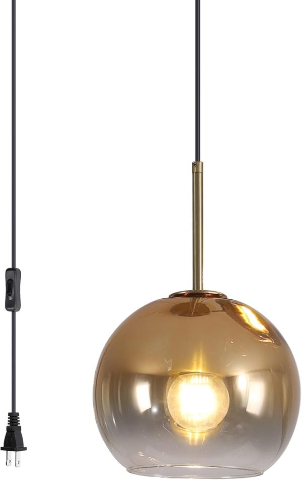 KCO Lighting Mid Century Modern Plug in Pendant Light Gold Glass Globe Pendant Lighting with Adjustable Cord Large Hanging Light Fixture with Plug in Cord for Kitchen Island Dining Room (25cm)