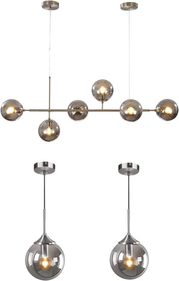 KCO Lighting Modern 6-Light Glass Globes Sputnik Ceiling Pendant Lighting Nordic Silver 1-Light Silver Pendant Light with Glass Globe