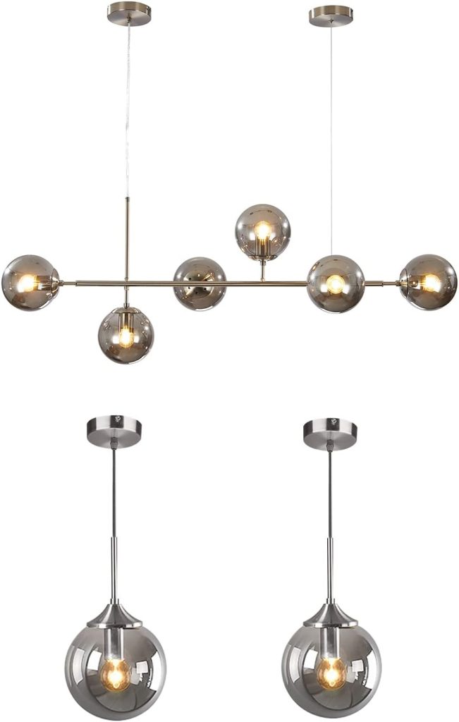KCO Lighting Modern 6-Light Glass Globes Sputnik Ceiling Pendant Lighting Nordic Silver 1-Light Silver Pendant Light with Glass Globe