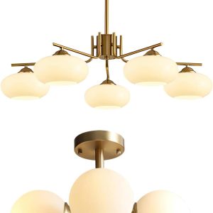 KCO Lighting Mid Century Modern Chandelier Brushed Brass Chandelier 5 Lights Milk Glass Pendant Light Gold Flush Mount Ceiling Light Hallyway Entryway Ceiling Light