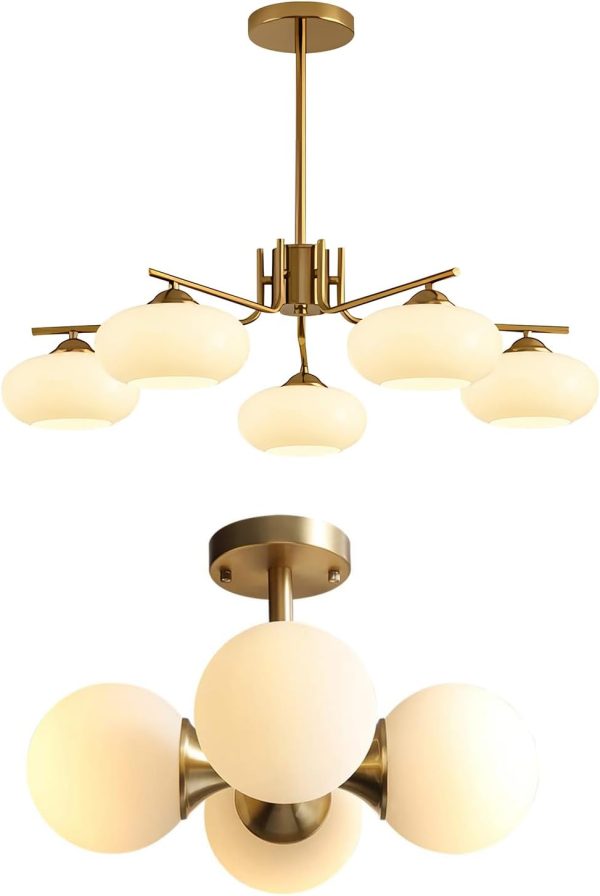 KCO Lighting Mid Century Modern Chandelier Brushed Brass Chandelier 5 Lights Milk Glass Pendant Light Gold Flush Mount Ceiling Light Hallyway Entryway Ceiling Light