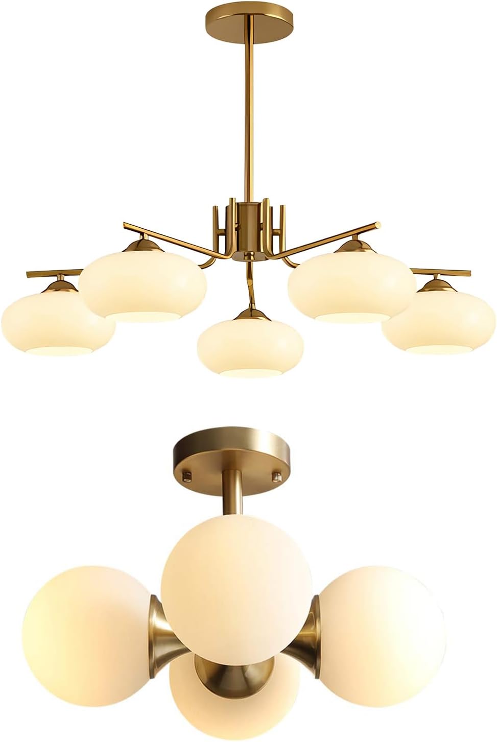 KCO Lighting Mid Century Modern Chandelier Brushed Brass Chandelier 5 Lights Milk Glass Pendant Light Gold Flush Mount Ceiling Light Hallyway Entryway Ceiling Light