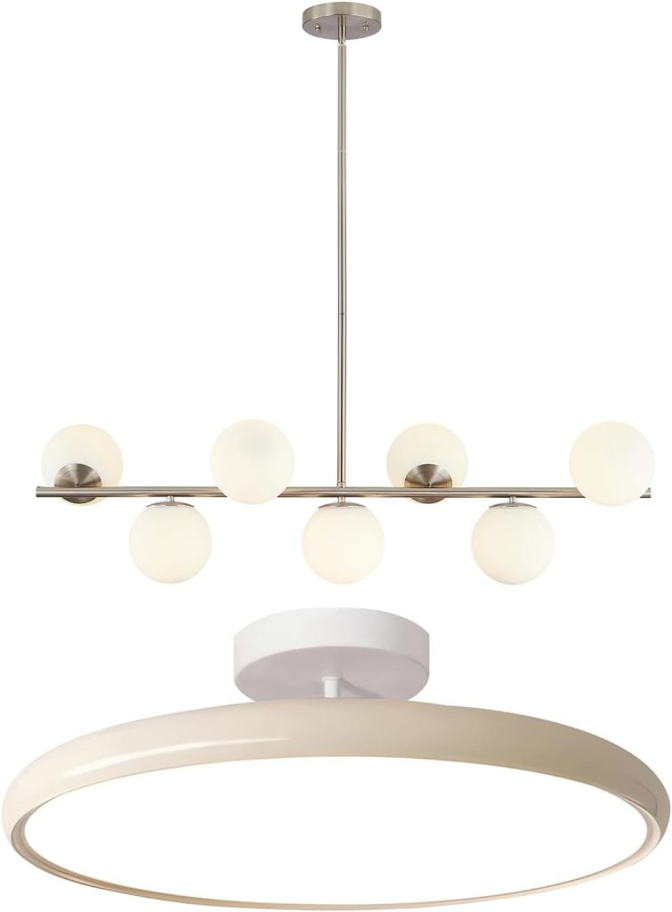 KCO Lighting 7-Light Modern Sliver Chandelier White Frosted Globe Glass Pendant Light Modern Hallway Mid Century Semi Flush Mount Farmhouse Basement Closet Light Fixture