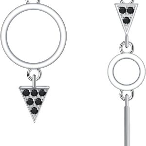 Women's 925 Sterling Silver Asymmetric Geometric Drop Earrings with Black Zirconia