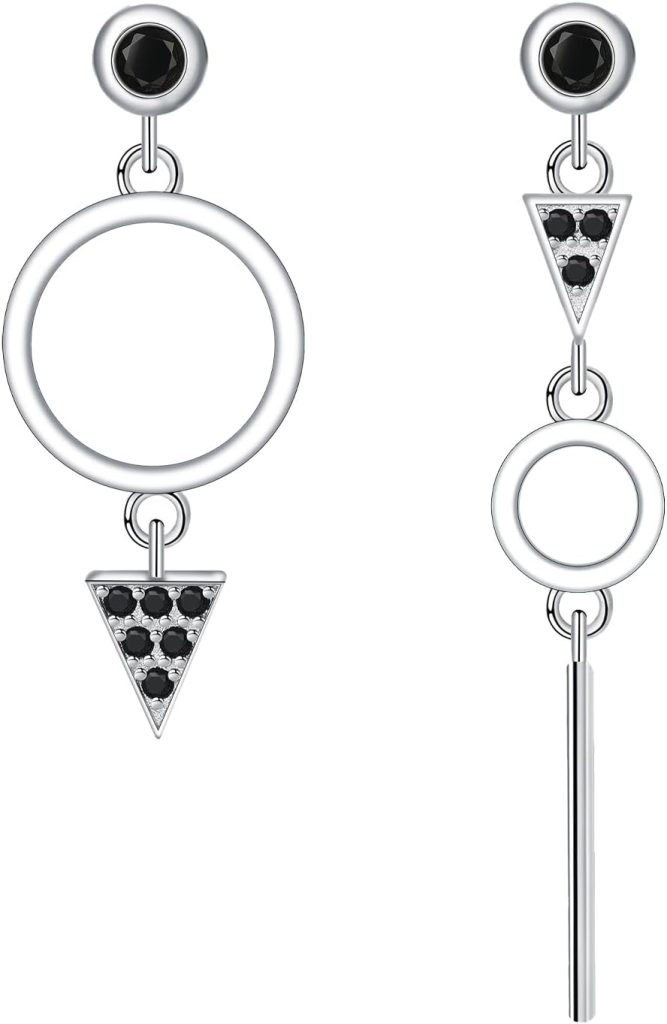 Women's 925 Sterling Silver Asymmetric Geometric Drop Earrings with Black Zirconia