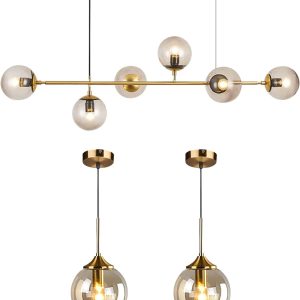 KCO Modern Ceiling Pendant Lighting Mid-Century Glass Globes Sputnik Pendant Lamp Hanging Adjustable Chandelier for Kitchen Island Living Dining Room (Gold+Amber)…