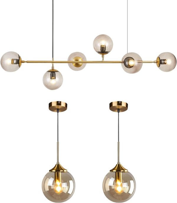 KCO Modern Ceiling Pendant Lighting Mid-Century Glass Globes Sputnik Pendant Lamp Hanging Adjustable Chandelier for Kitchen Island Living Dining Room (Gold+Amber)…