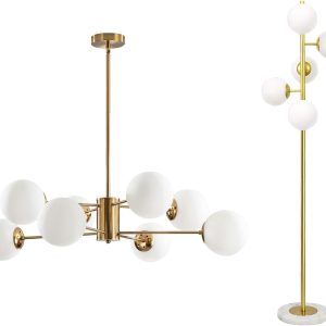 KCO Lighting 8-Light Glass Sputnik Chandelier Light Modern Gold Chandeliers Pendant Light Fixture 5-Light Frosted White Glass Globe Floor Lamp Mid Century Modern Gold Tall Pole Standing Light