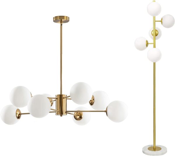 KCO Lighting 8-Light Glass Sputnik Chandelier Light Modern Gold Chandeliers Pendant Light Fixture 5-Light Frosted White Glass Globe Floor Lamp Mid Century Modern Gold Tall Pole Standing Light