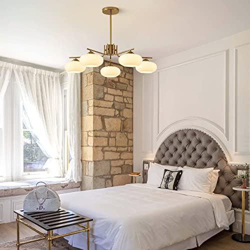 KCO Lighting Mid Century Modern Chandelier Brushed Brass Chandelier 5 Lights Milk Glass Pendant Light Gold Flush Mount Ceiling Light Hallyway Entryway Ceiling Light - Image 7
