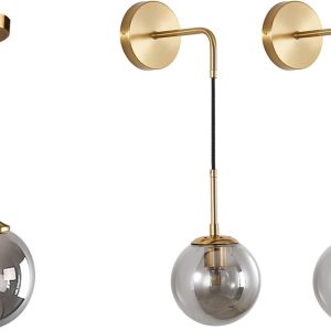 KCO Lighting Adjustable Gold Pendant Light and Wall Sconce Set of Two with Smoke Grey Glass Globe for Kitchen Island Living Room Bedroom