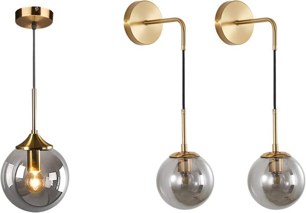 KCO Lighting Adjustable Gold Pendant Light and Wall Sconce Set of Two with Smoke Grey Glass Globe for Kitchen Island Living Room Bedroom