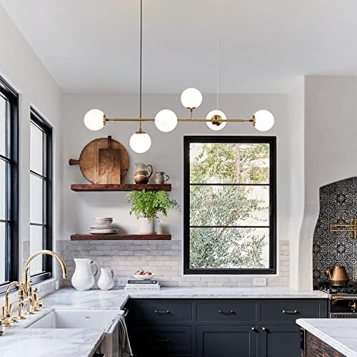 KCO Lighting Modern Brass Chandelier Mid Century Gold Sputnik Pendant Light 6-Light Glass Globe Linear Chandelier Modern Globe Pendant Light Fixture White and Gold Pendant Light 1-Light Kitchen Islan - Image 6
