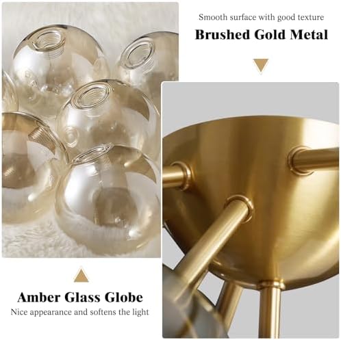 KCO Lighting 7-Lights Mid Century Modern Flush Mount Ceiling Light Overhead Amber Glass Globe Sputnik Chandelier Ceiling Light Fixture Brass Gold Bedroom Living Room Ceiling Lighting - Image 4