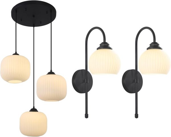 KCO Lighting 3 Light Cluster Pendant Modern Frosted Globe Chandelier Vintage Milk Glass Hanging Light Set of 2 Mid Century Bathroom Vanity Light Black Globe Wall Sconce Industrial Vintage Wall Sconce