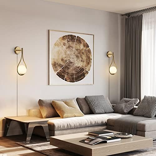 Modo Lighting Glass Ball Wall Sconce Plug in Mid Century Modern Drop Design Wall Light Brushed Brass Gold Wall Lamps for Bedside Living Room (with Plug in 2 Pack) - Image 5