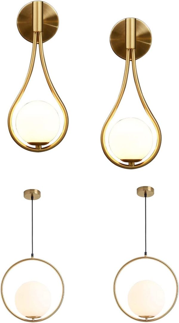KCO Lighting Mid-Century Drop Design Wall Mounted Light Golden Frosted White Glass Globe Pendant Light