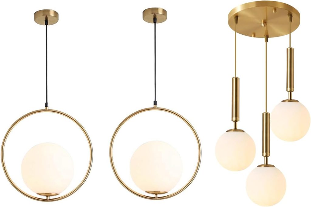 KCO Modern Gold Pendant Light - 1-Light Single White Glass & 3-Light Cluster Pendant Lighting for Kitchen, Living Room, Dining Room
