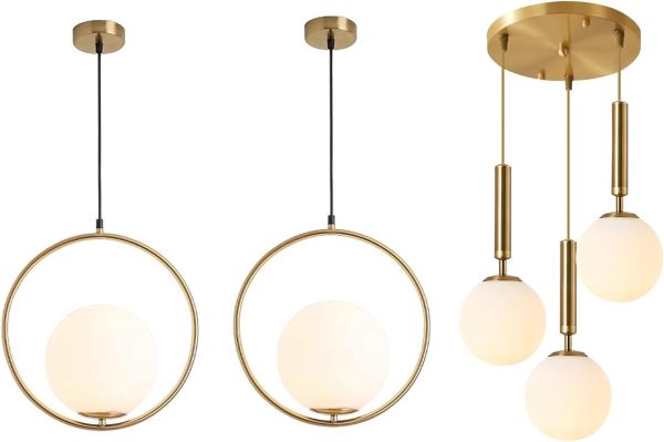 KCO Modern Gold Pendant Light - 1-Light Single White Glass & 3-Light Cluster Pendant Lighting for Kitchen, Living Room, Dining Room