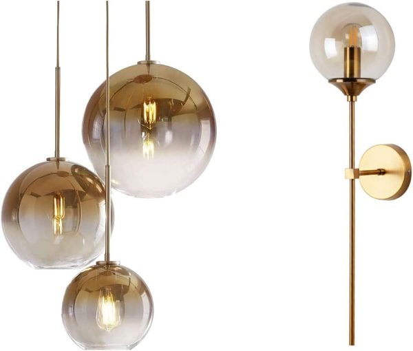 KCO Lighting 3-Light Hanging Light Fixture Gold Gradient Glass Globe Pendant Ceiling Lighting Gold Glass Globe Wall Mounted Sconce