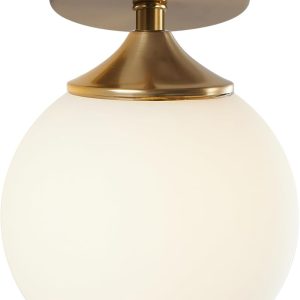 KCO Brass Gold Small 5.9” Milk Glass Globe Semi Flush Mount Ceiling Light