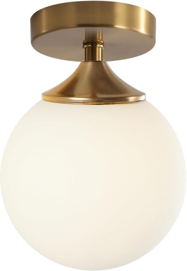 KCO Brass Gold Small 5.9” Milk Glass Globe Semi Flush Mount Ceiling Light