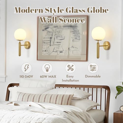 KCO Brushed Brass Gold Wall Sconce Frosted White Glass Globe Wall Light - Image 6