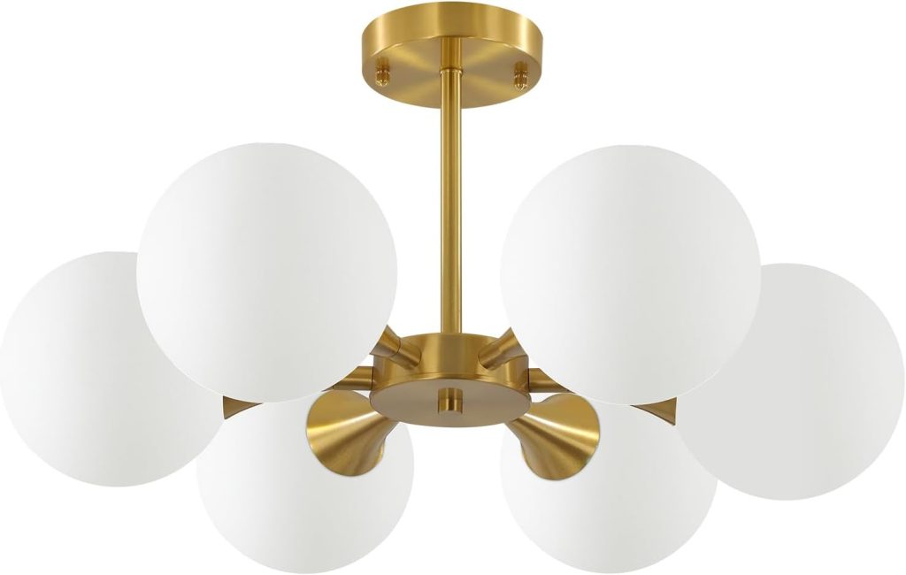 KCO Lighting Brushed Gold Sputnik Flush Mount Ceiling Light Mid Century Modern Overhead Ceiling Light 6-Lights Milk Glass Globe Semi Flush Mount Ceiling Light Fixture