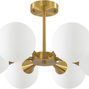 KCO Lighting Brushed Gold Sputnik Flush Mount Ceiling Light Mid Century Modern Overhead Ceiling Light 6-Lights Milk Glass Globe Semi Flush Mount Ceiling Light Fixture
