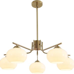 KCO 5-Light Brushed Brass Gold White Milk Glass Globe Sputnik Chandelier